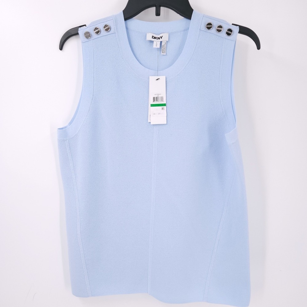 DKNY Sleeveless Scoop neck Vest Sweater Stretch Light Blue Button Womens Size L